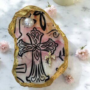 Handmade Decoupage Oyster Shell Trinket Dish Cross, Faith, Gold Trim
